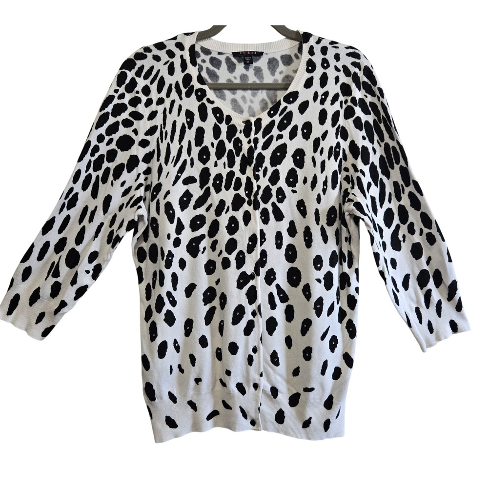 Cyrus Womens XL Cardigan Leopard Animal Print Rhinestone 3/4 Sleeve Black White